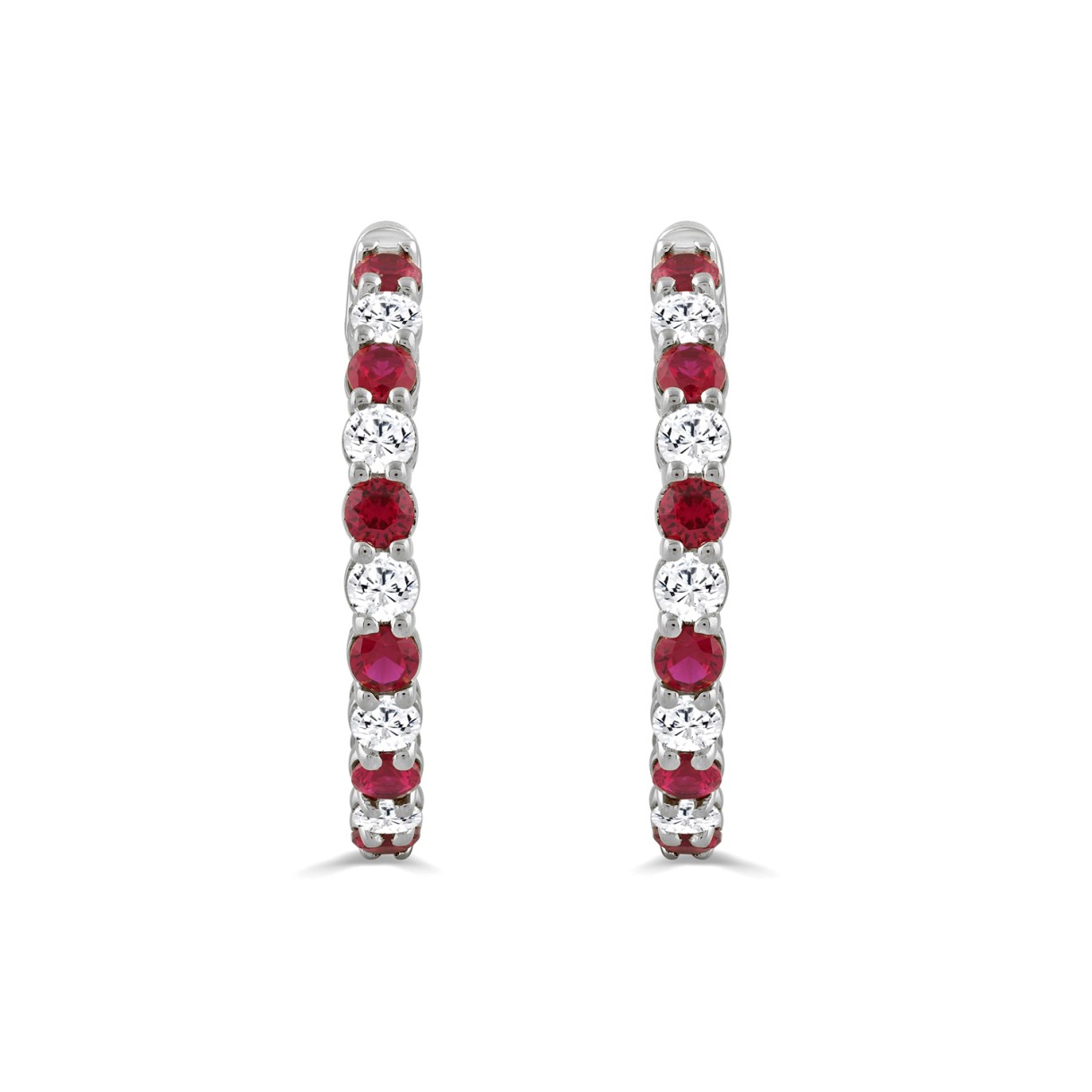 14K WHITE GOLD 3 3/8CT ROUND/RUBY ROUND DIAMOND LADIES HOOPS EARRING