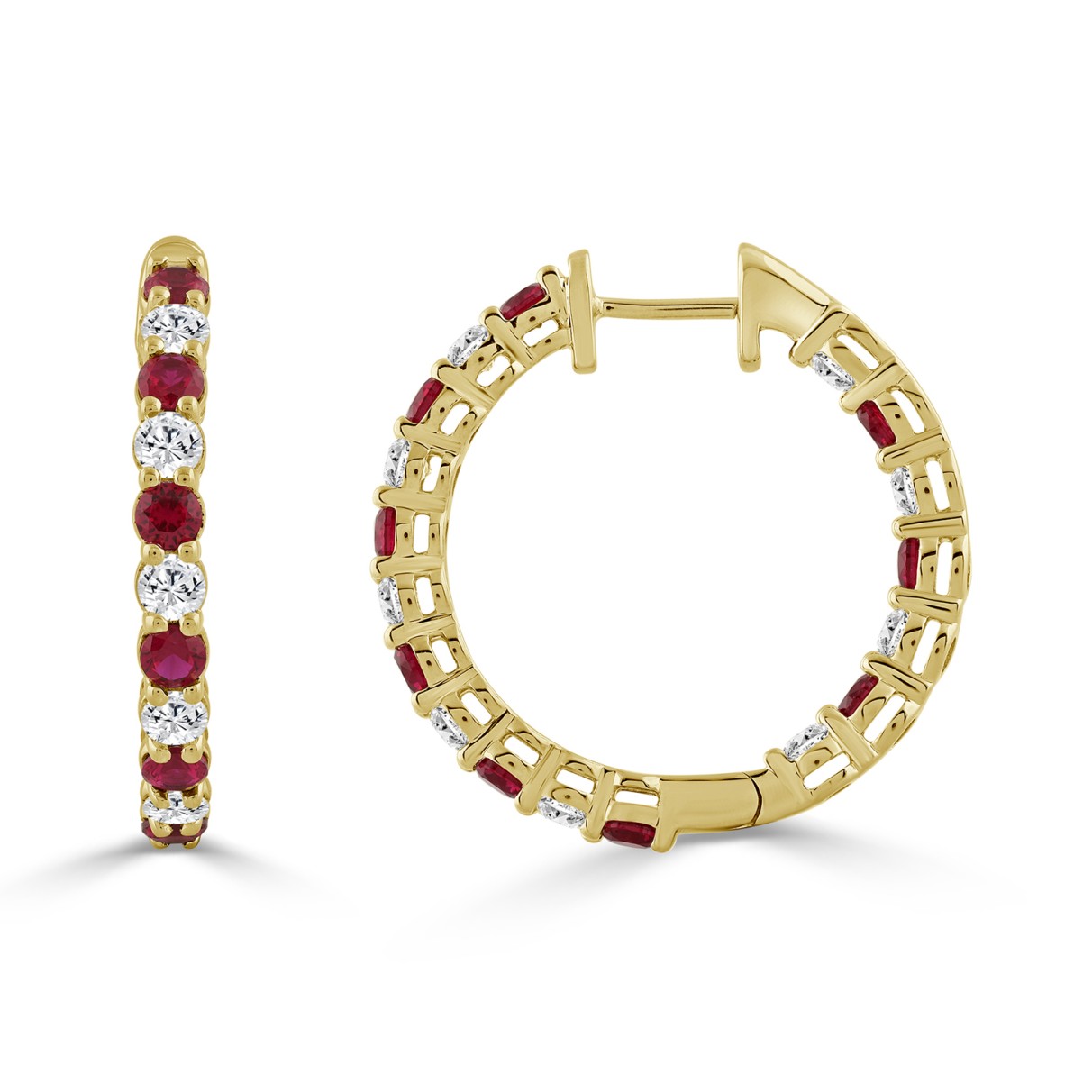 14K YELLOW GOLD 3 3/8CT ROUND/RUBY ROUND DIAMOND LADIES HOOPS EARRING