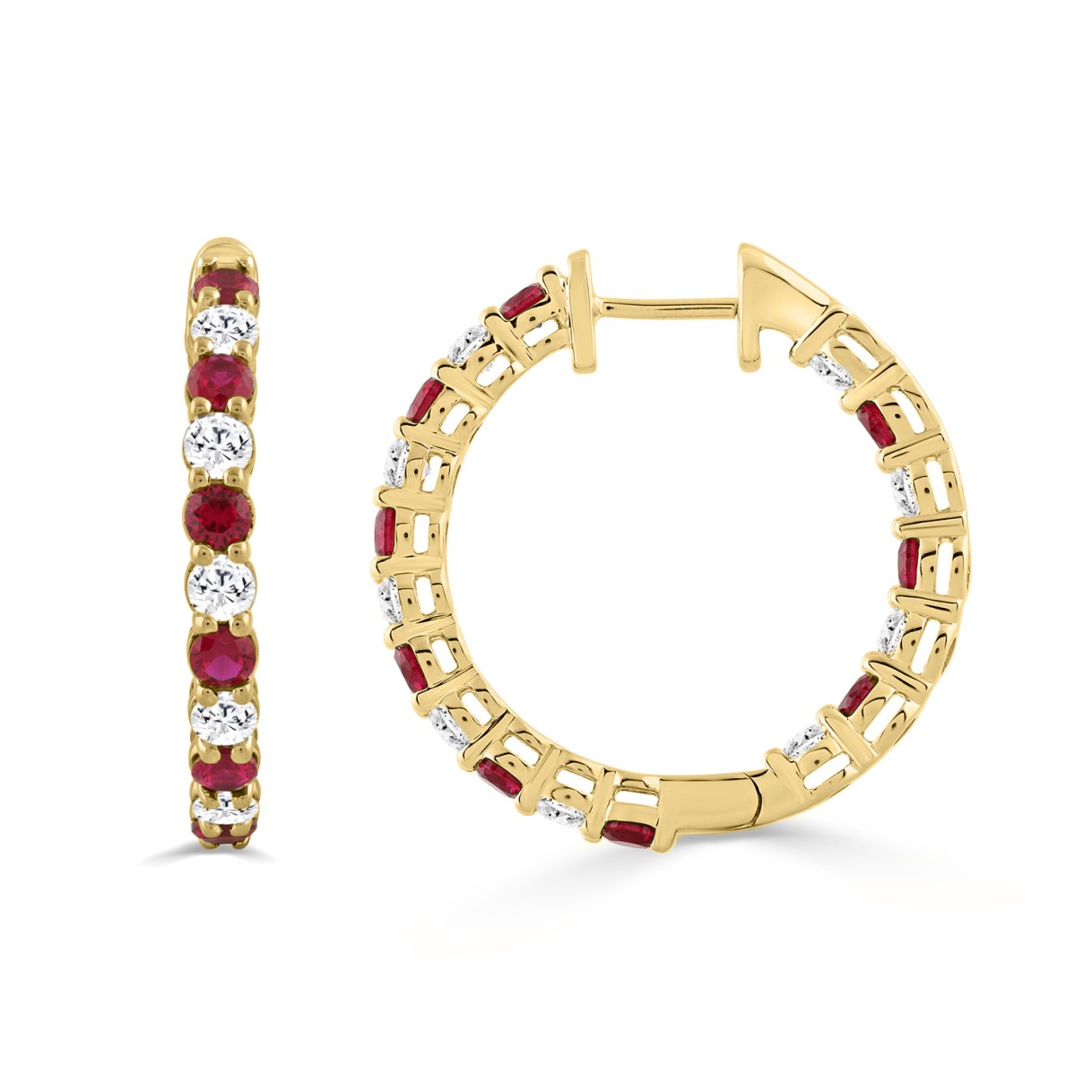 14K YELLOW GOLD 3 3/8CT ROUND/RUBY ROUND DIAMOND LADIES HOOPS EARRING