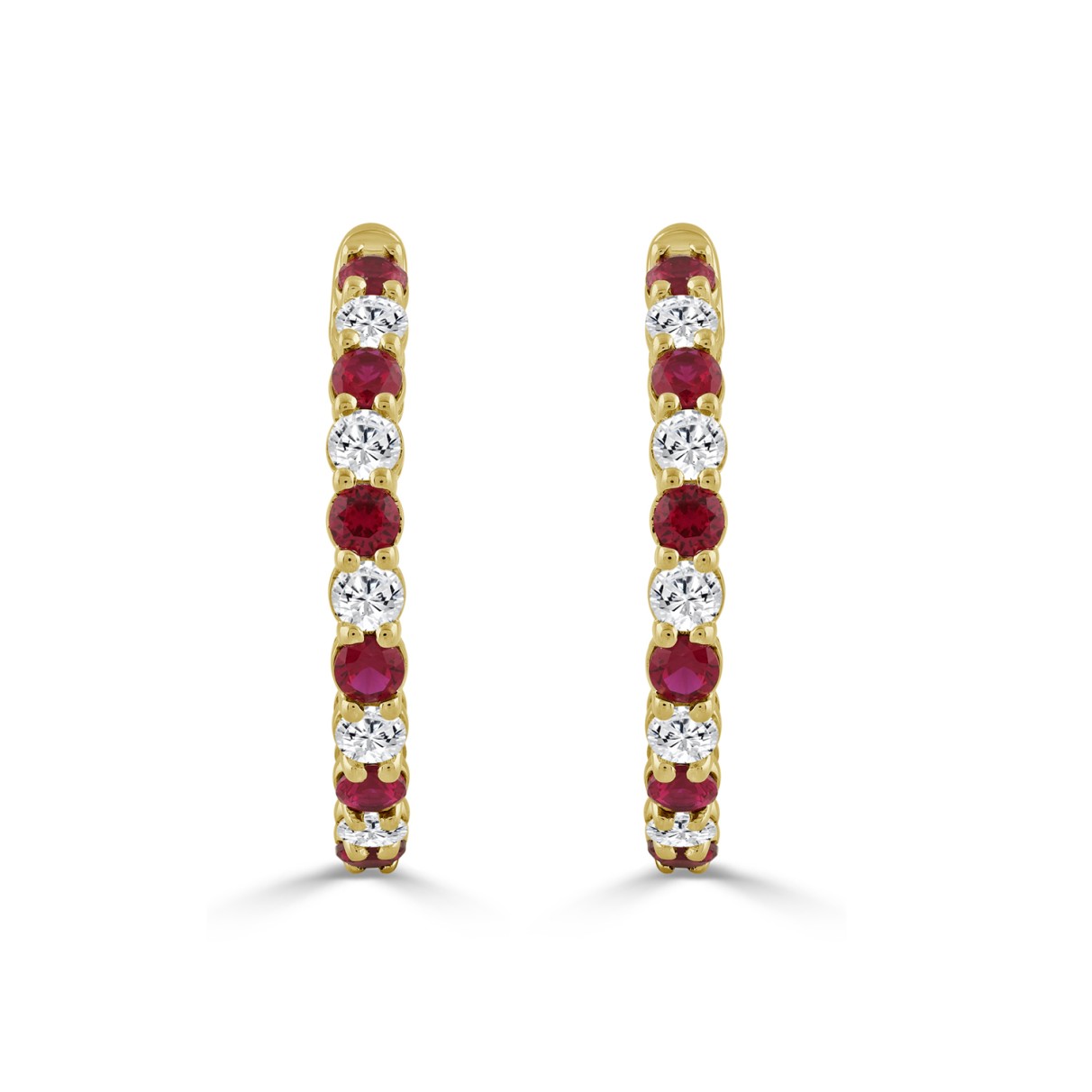 14K YELLOW GOLD 3 3/8CT ROUND/RUBY ROUND DIAMOND LADIES HOOPS EARRING