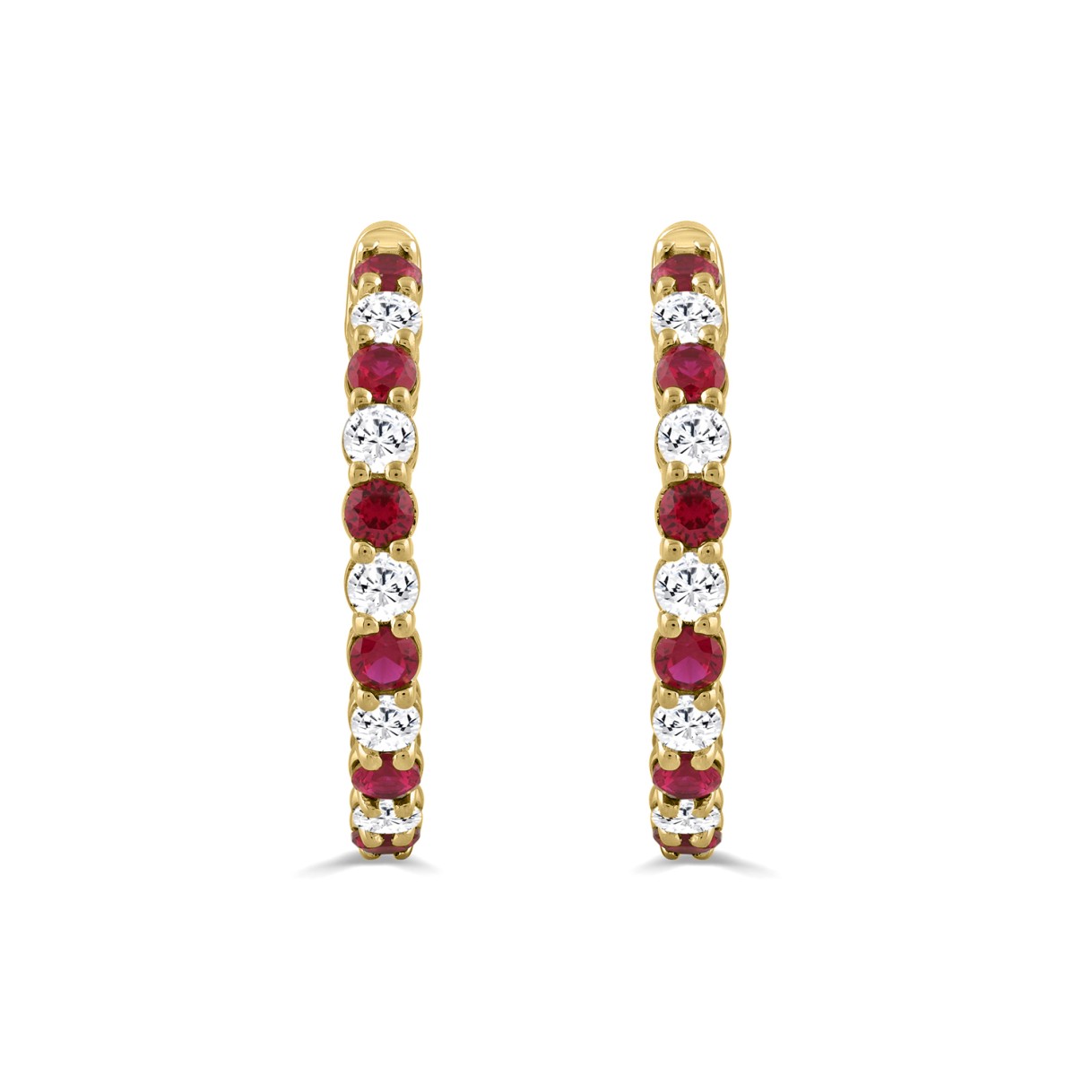 14K YELLOW GOLD 3 3/8CT ROUND/RUBY ROUND DIAMOND LADIES HOOPS EARRING