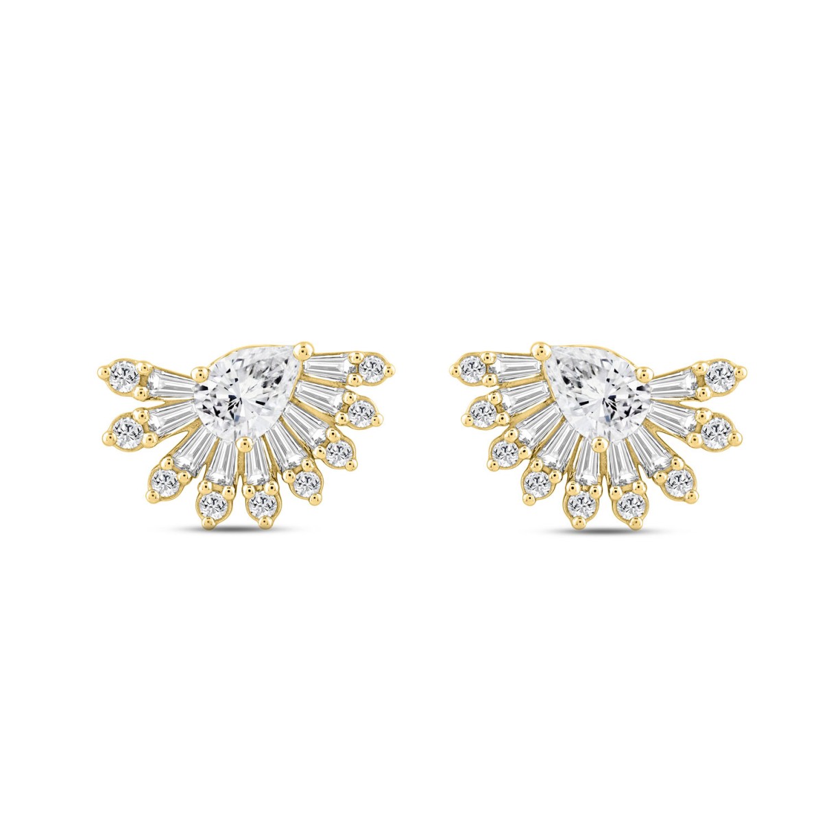 LADIES EARRINGS 2.00CT ROUND/BAGUETTE/PEAR DIAMOND 14K YELLOW GOLD