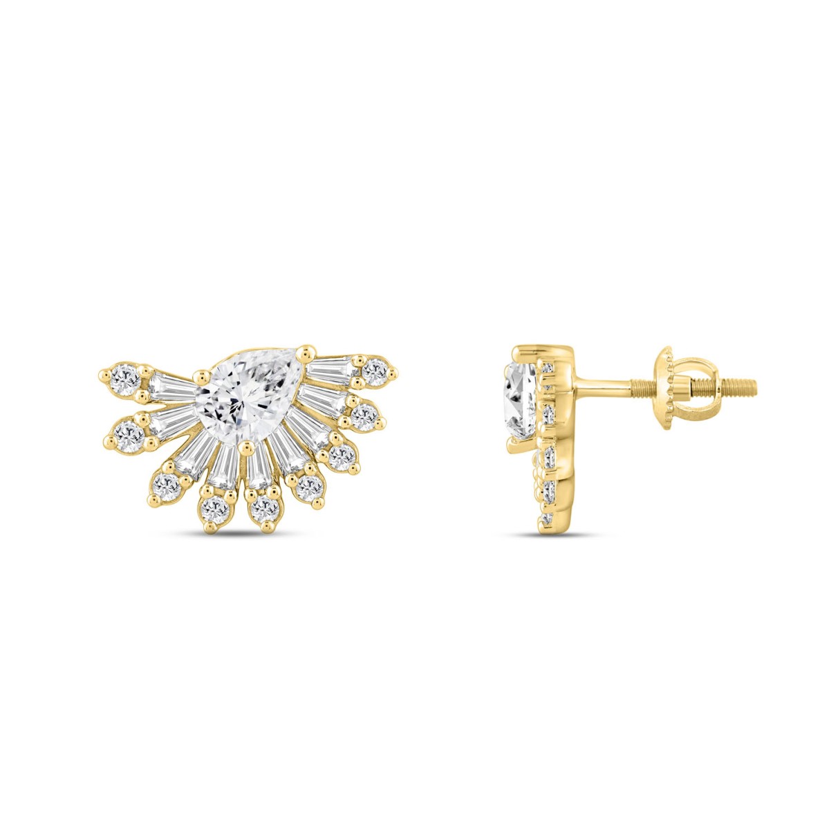 LADIES EARRINGS 2.00CT ROUND/BAGUETTE/PEAR DIAMOND 14K YELLOW GOLD