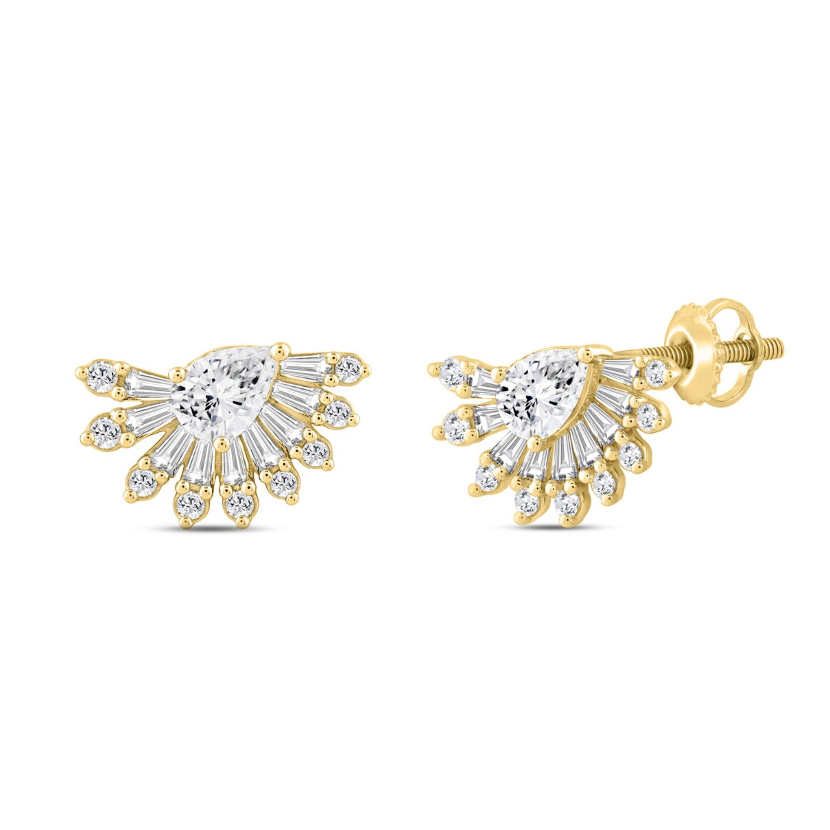 LADIES EARRINGS 2.00CT ROUND/BAGUETTE/PEAR DIAMOND 14K YELLOW GOLD