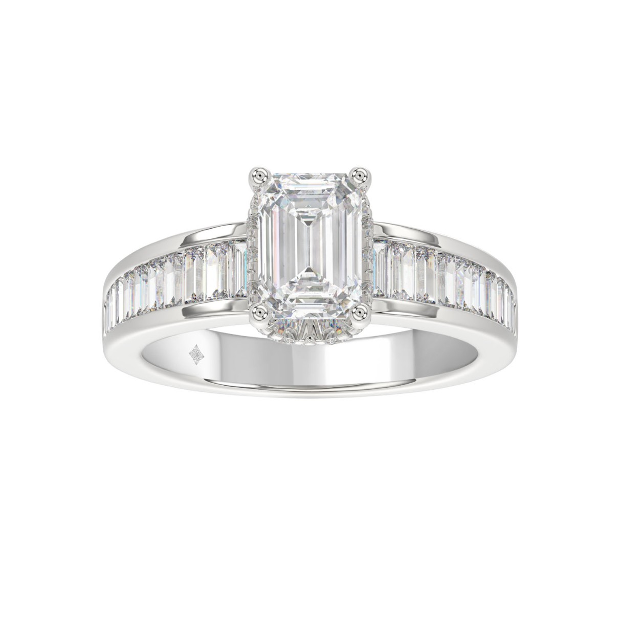 LADIES RING 2 3/4CTROUND/BAGUETTE/EMERALD DIAMOND 14K WHITE GOLD (CENTER STONE EMERALD DIAMOND 2.00CT )