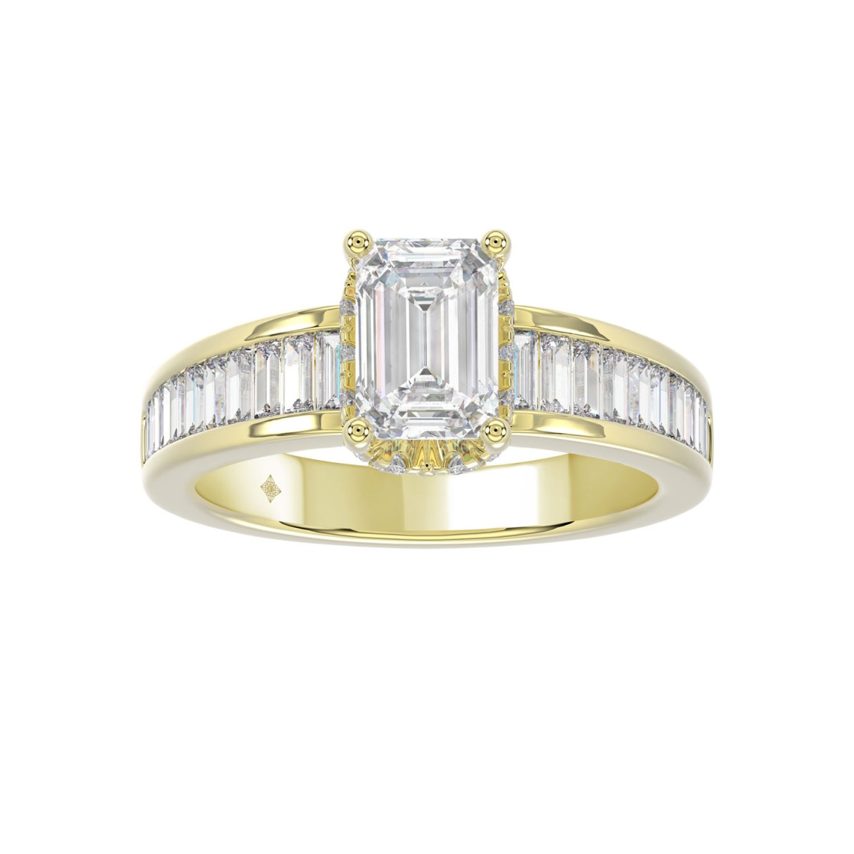 LADIES RING 2 3/4CTROUND/BAGUETTE/EMERALD DIAMOND 14K YELLOW GOLD (CENTER STONE EMERALD DIAMOND 2.00CT )