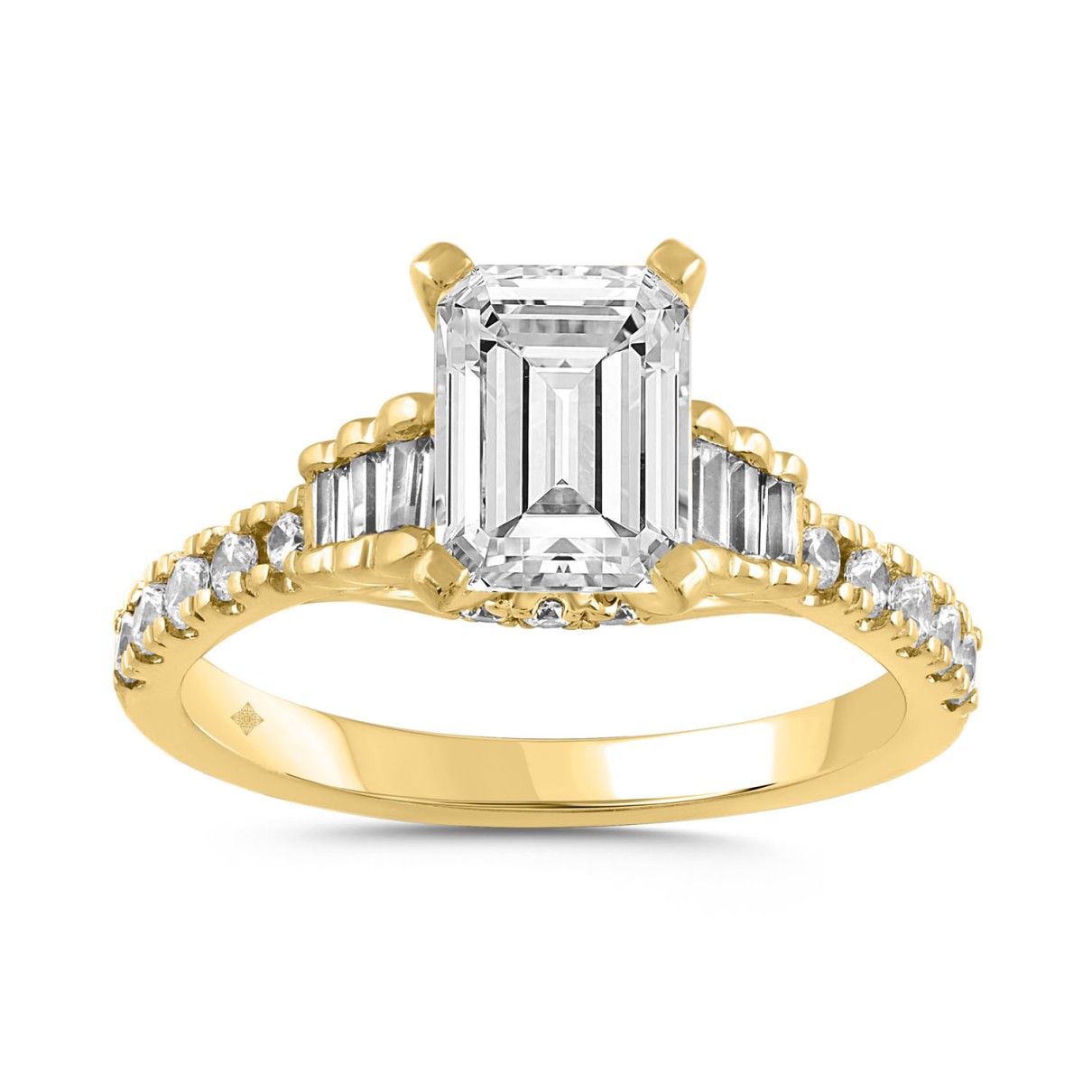 LADIES RING 2.00CT ROUND/BAGUETTE/EMERALD DIAMOND 14K YELLOW GOLD (CENTER STONE EMERALD DIAMOND 1 1/2CT)