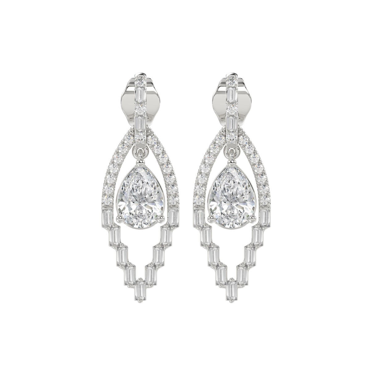 14K WHITE GOLD 2.00CT ROUND/BAGUETTE/PEAR DIAMOND LADIES EARRINGS