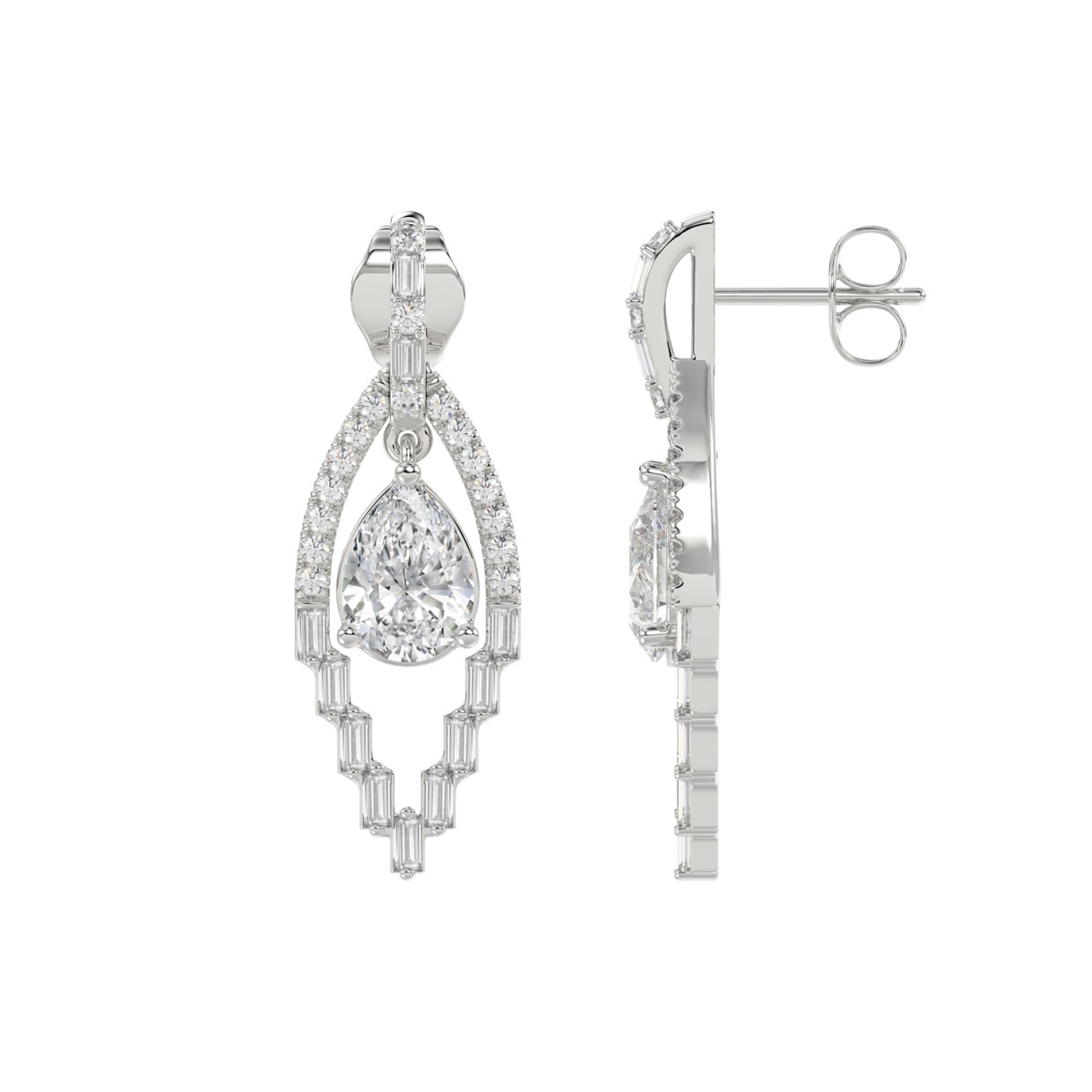 14K WHITE GOLD 2.00CT ROUND/BAGUETTE/PEAR DIAMOND LADIES EARRINGS