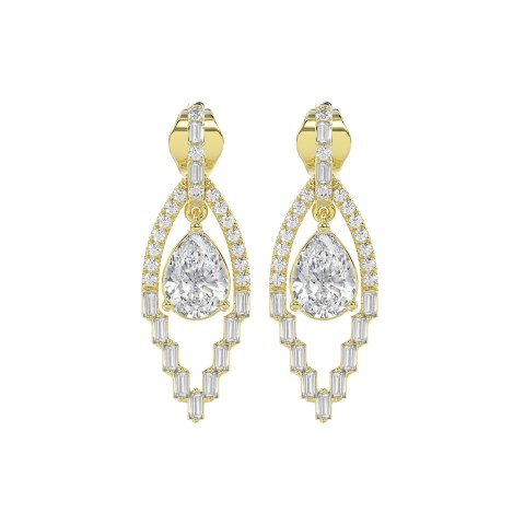 14K YELLOW GOLD 2.00CT ROUND/BAGUETTE/PEAR DIAMOND LADIES EARRINGS