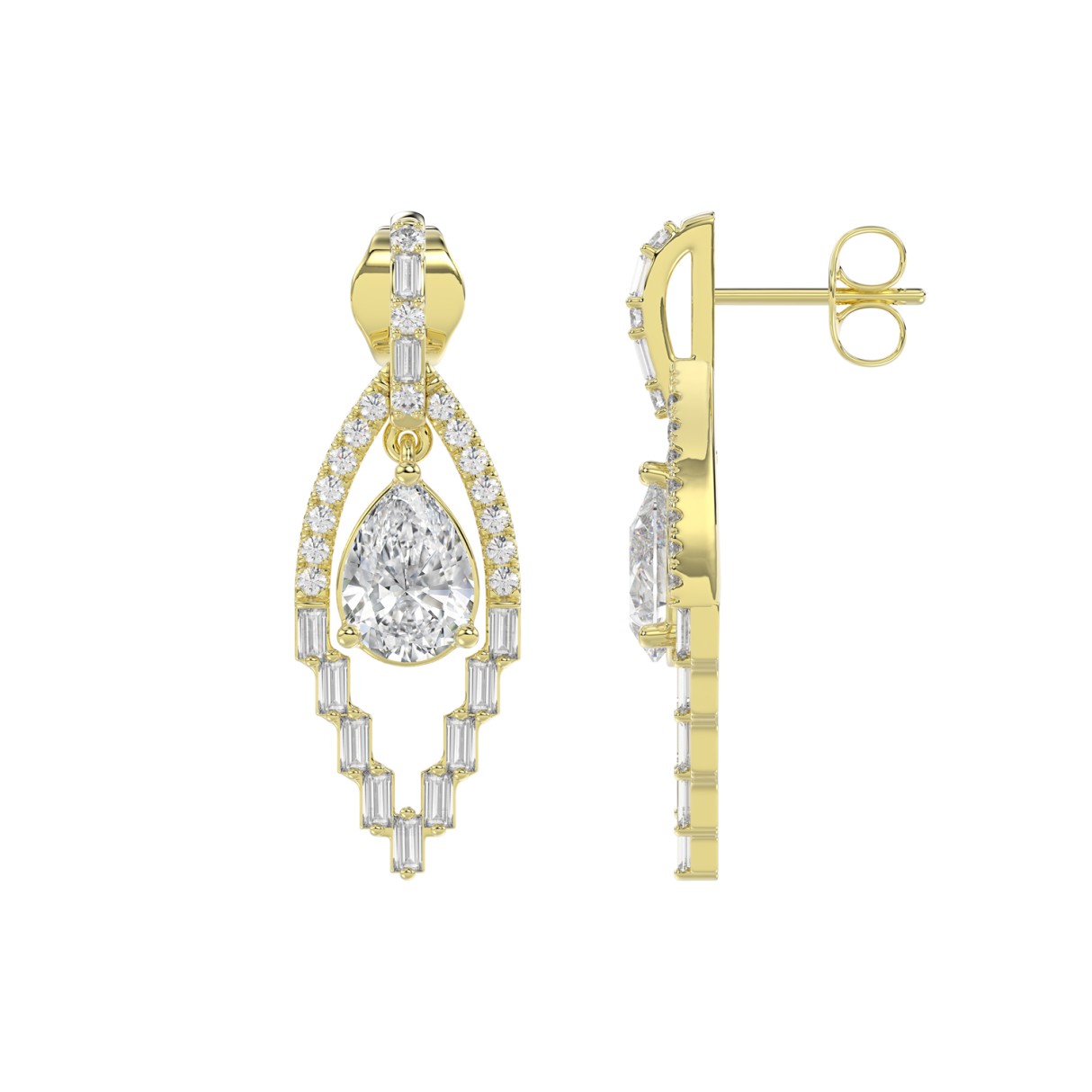 14K YELLOW GOLD 2.00CT ROUND/BAGUETTE/PEAR DIAMOND LADIES EARRINGS