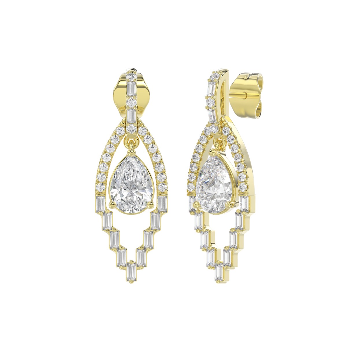 14K YELLOW GOLD 2.00CT ROUND/BAGUETTE/PEAR DIAMOND LADIES EARRINGS