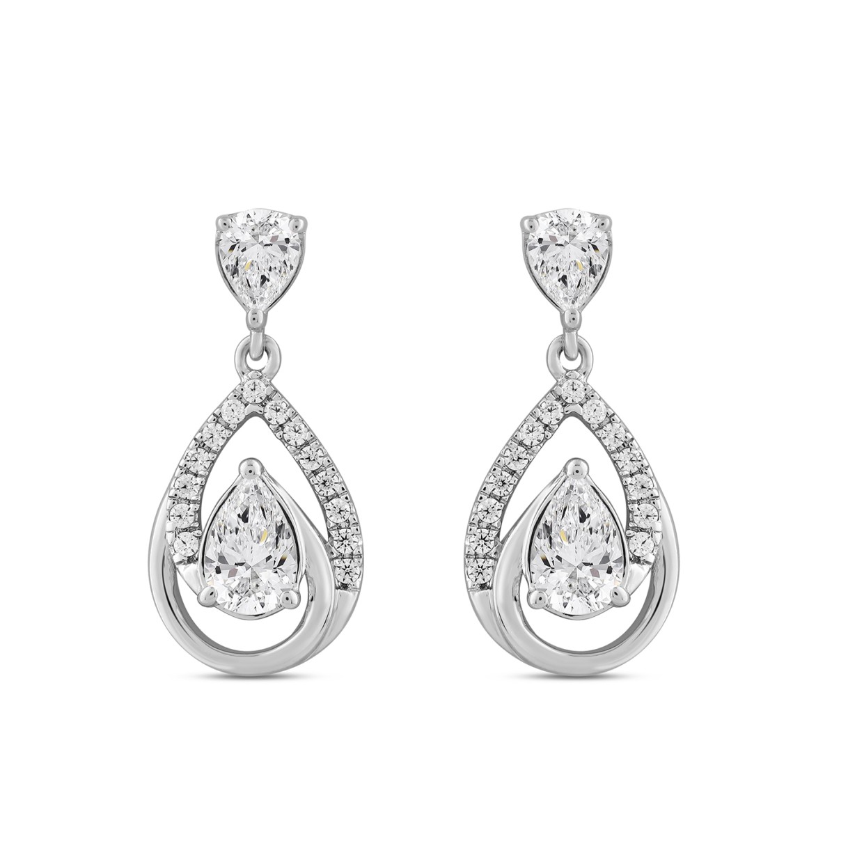LADIES EARRINGS 1 1/2CT ROUND/PEAR DIAMOND 14K WHI...