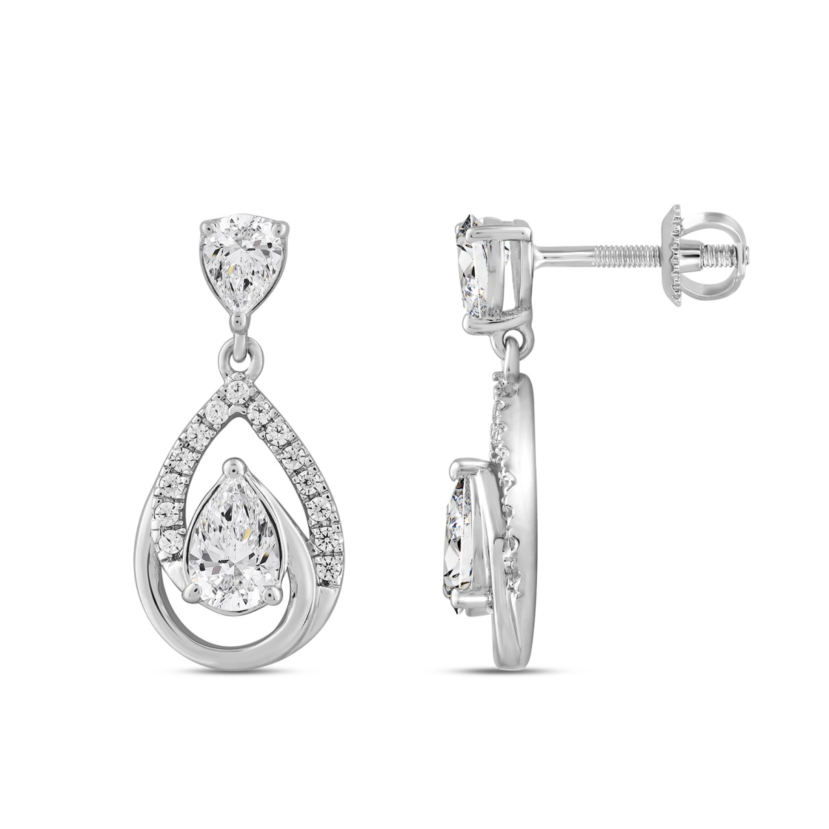 LADIES EARRINGS 1 1/2CT ROUND/PEAR DIAMOND 14K WHITE GOLD