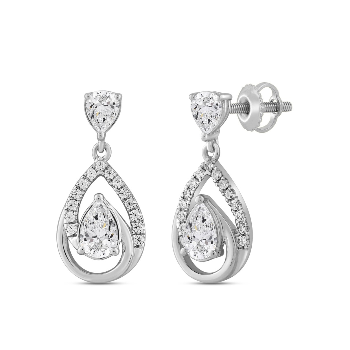 LADIES EARRINGS 1 1/2CT ROUND/PEAR DIAMOND 14K WHITE GOLD