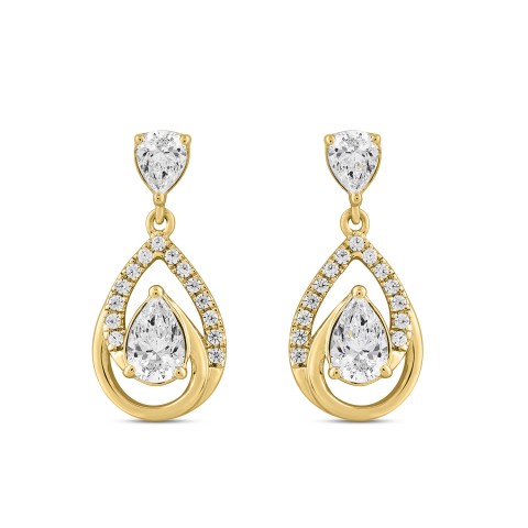 LADIES EARRINGS 1 1/2CT ROUND/PEAR DIAMOND 14K YELLOW GOLD