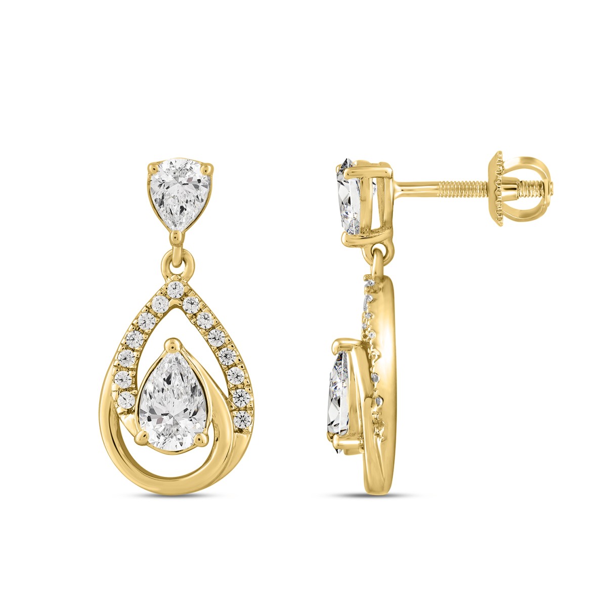 LADIES EARRINGS 1 1/2CT ROUND/PEAR DIAMOND 14K YELLOW GOLD