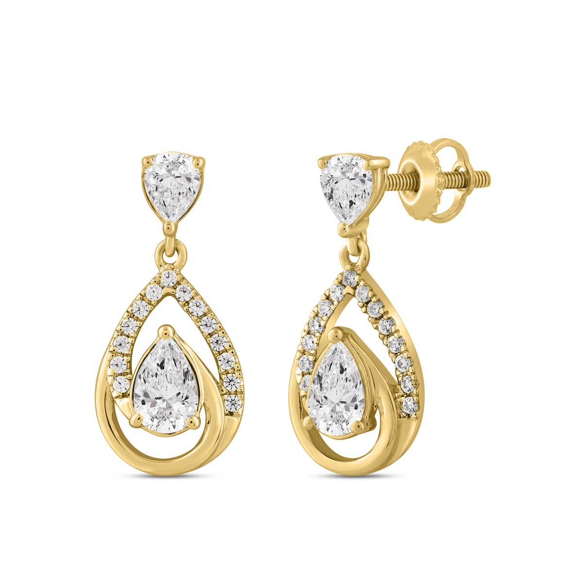 LADIES EARRINGS 1 1/2CT ROUND/PEAR DIAMOND 14K YELLOW GOLD