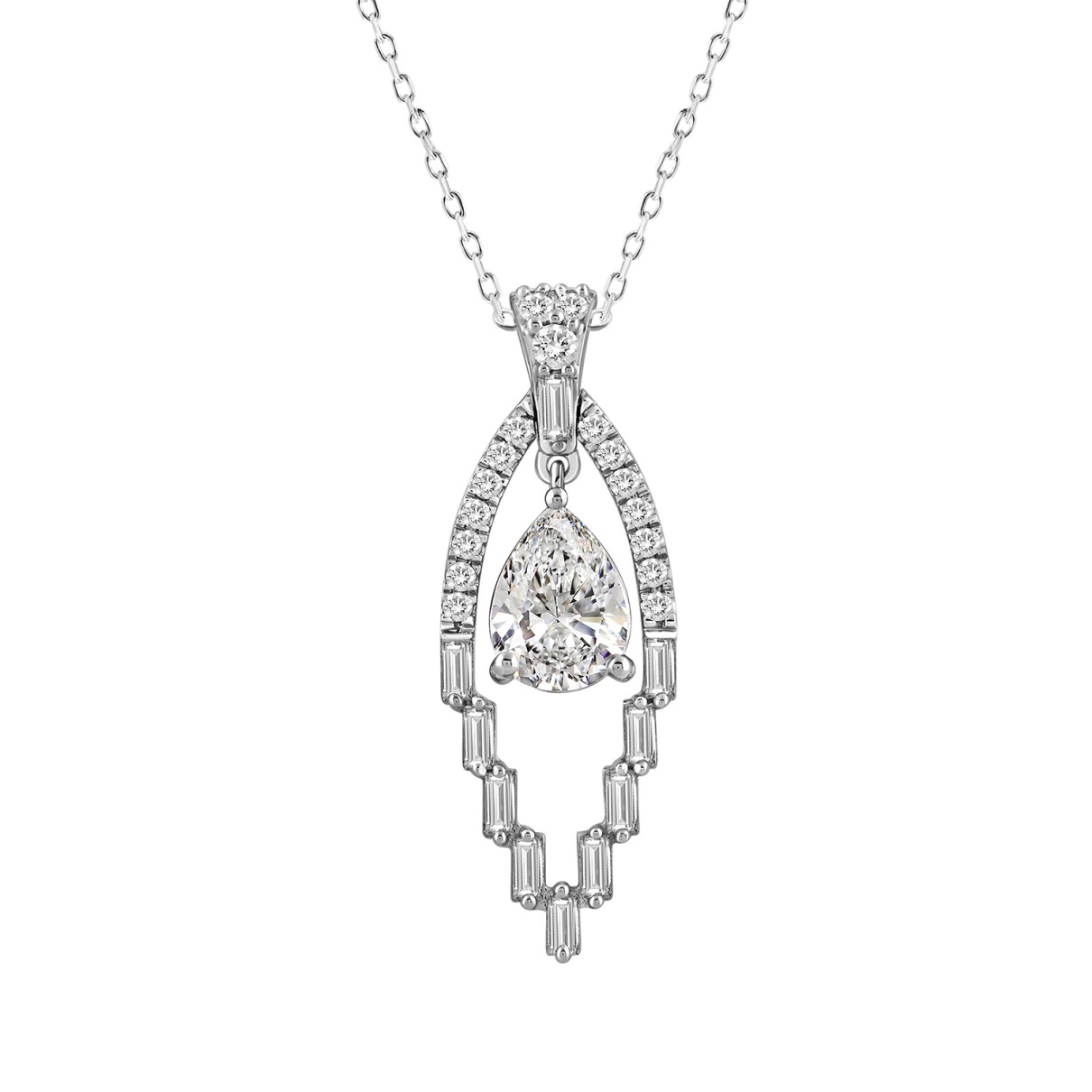 LADIES PENDANT 1 1/2CT ROUND/BAGUETTE/PEAR DIAMOND 14K WHITE GOLD 