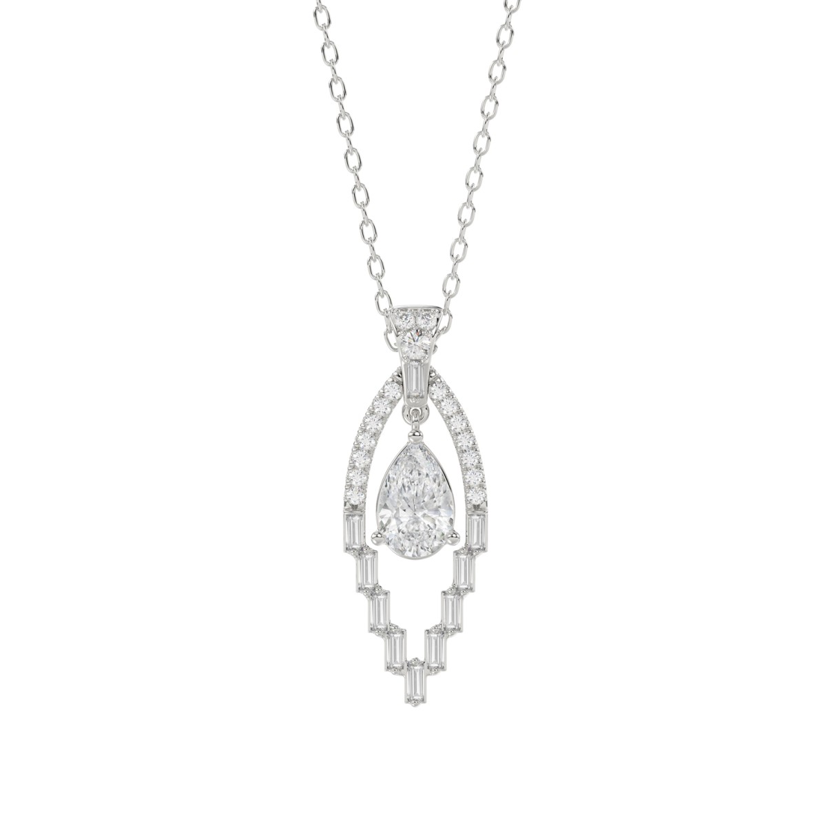 LADIES PENDANT 1 1/2CT ROUND/BAGUETTE/PEAR DIAMOND 14K WHITE GOLD 