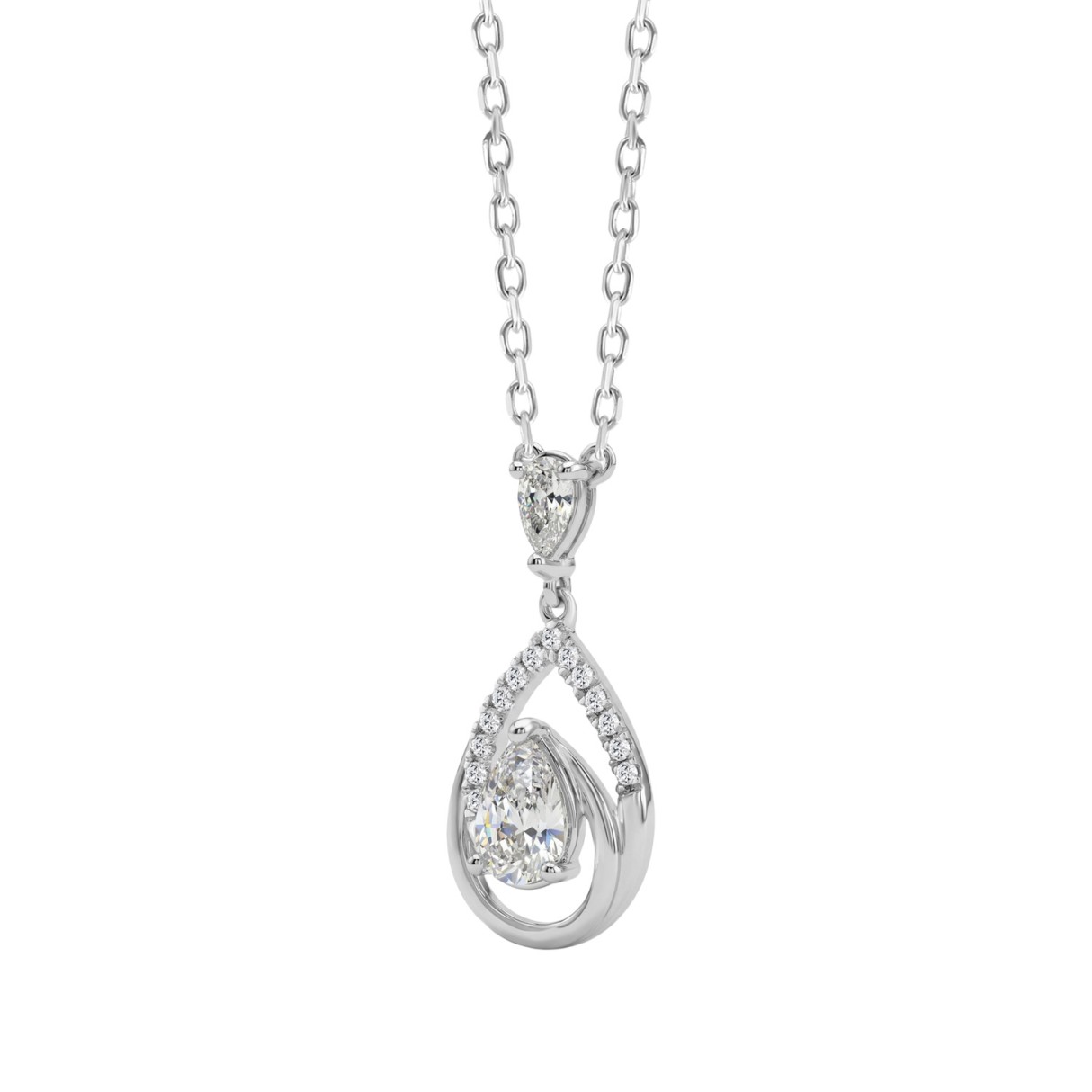 14K White Gold Pear & Round Diamond Teardrop Pendant With Chain 1.00 Ct Pear Shaped Diamond Pendant For Women (Color F-G -Clarity Vs1/Vs2)