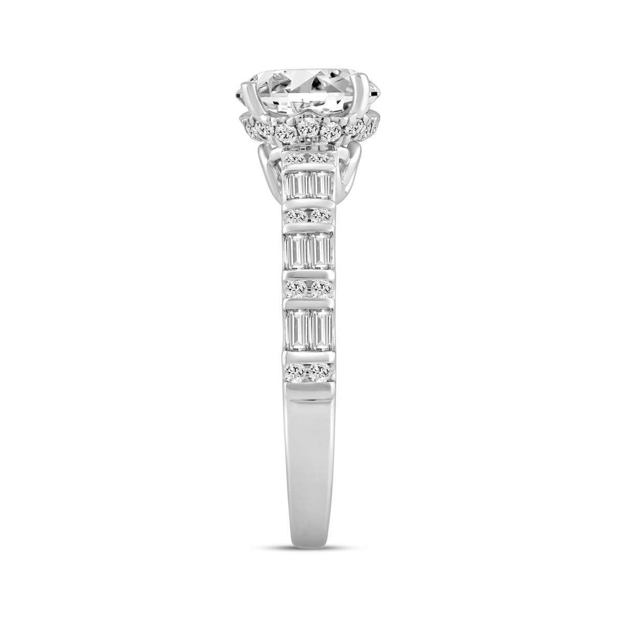 LADIES RING 2.50CT ROUND/BAGUETTE DIAMOND 14K WHITE GOLD (CENTER STONE ROUND DIAMOND 2.00CT)