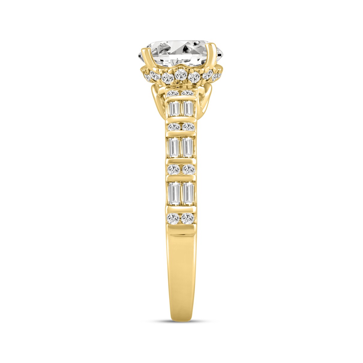 LADIES RING 2.50CT ROUND/BAGUETTE DIAMOND 14K YELLOW GOLD (CENTER STONE ROUND DIAMOND 2.00CT)