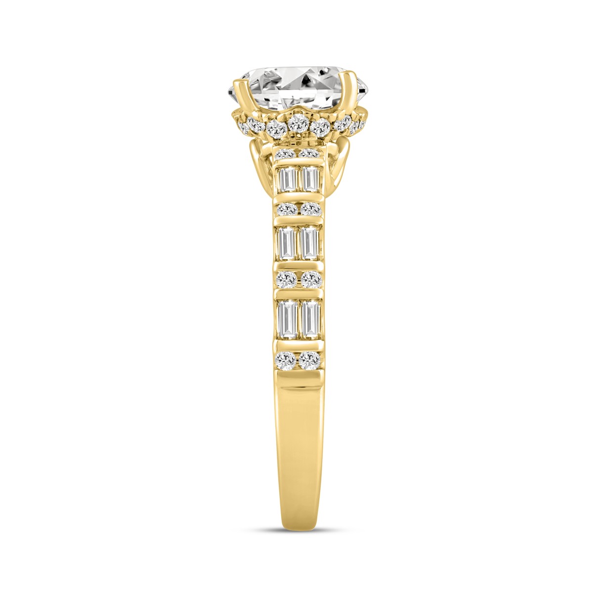 LADIES RING 2.50CT ROUND/BAGUETTE DIAMOND 14K YELLOW GOLD (CENTER STONE ROUND DIAMOND 2.00CT)