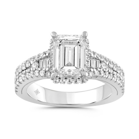 LADIES RING 2.50CT ROUND/BAGUETTE/EMERALD DIAMOND 14K WHITE GOLD (CENTER STONE EMERALD DIAMOND 2.00CT)