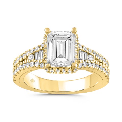 LADIES RING 2 1/2CT ROUND/BAGUETTE/EMERALD DIAMOND 14K YELLOW GOLD (CENTER STONE EMERALD DIAMOND 2.00CT)