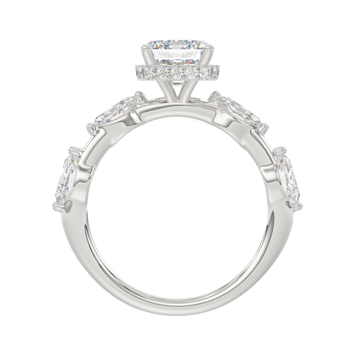 LADIES RING 3 1/2CT ROUND/MARQUISE/EMERALD DIAMOND 14K WHITE GOLD (CENTER STONE EMERALD DIAMOND 3.00CT)