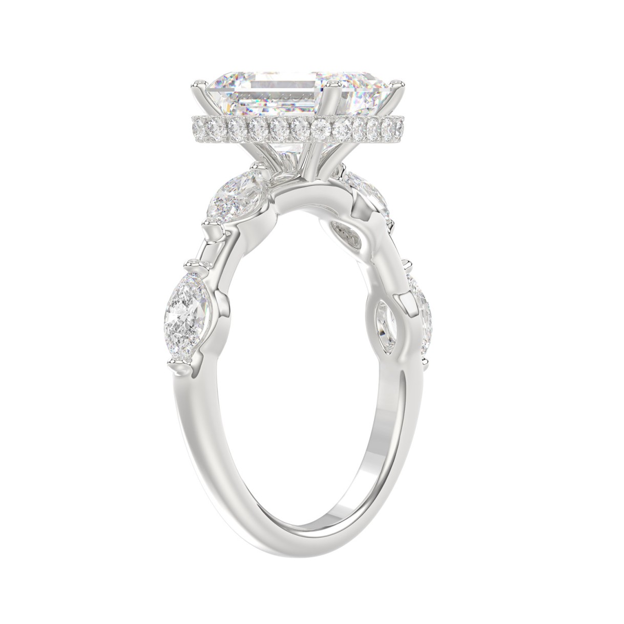 LADIES RING 3 1/2CT ROUND/MARQUISE/EMERALD DIAMOND 14K WHITE GOLD (CENTER STONE EMERALD DIAMOND 3.00CT)