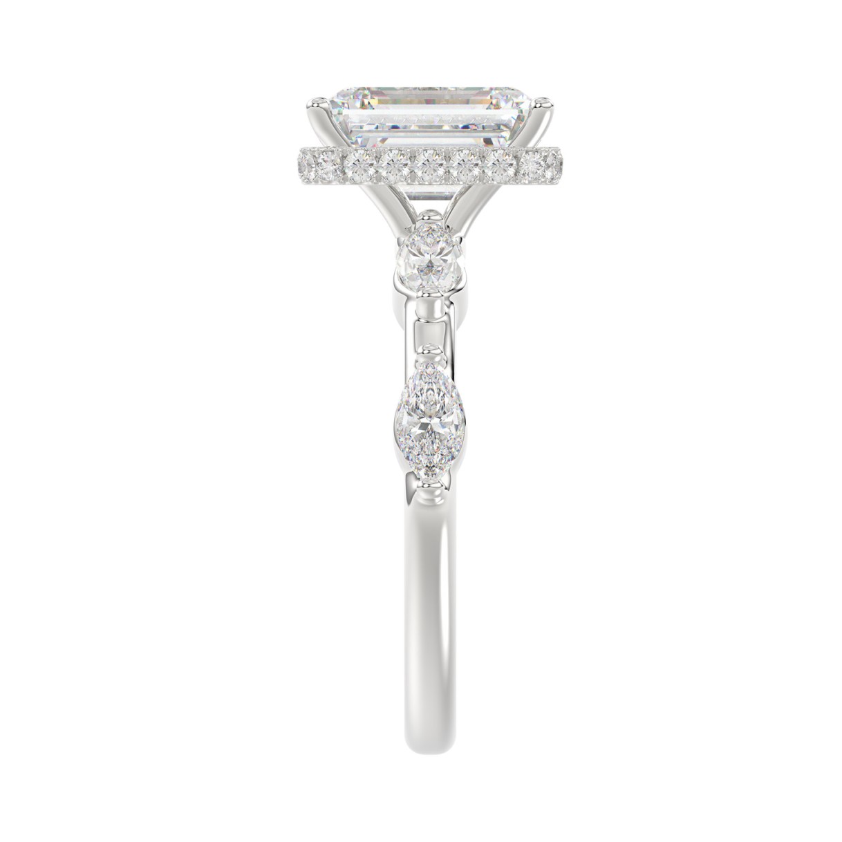 LADIES RING 3 1/2CT ROUND/MARQUISE/EMERALD DIAMOND 14K WHITE GOLD (CENTER STONE EMERALD DIAMOND 3.00CT)