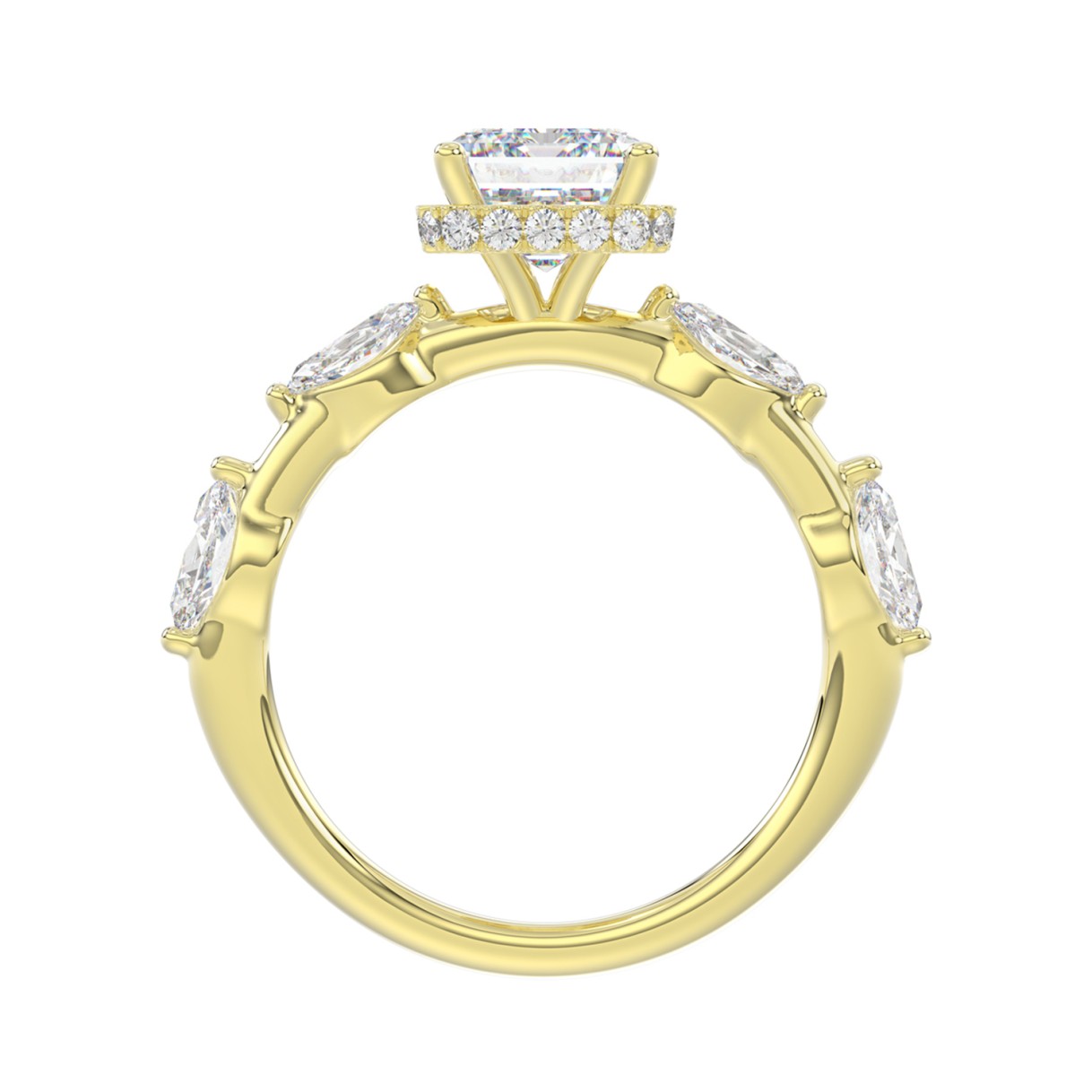 LADIES RING 3 1/2CT ROUND/MARQUISE/EMERALD DIAMOND 14K YELLOW GOLD (CENTER STONE EMERALD DIAMOND 3.00CT)