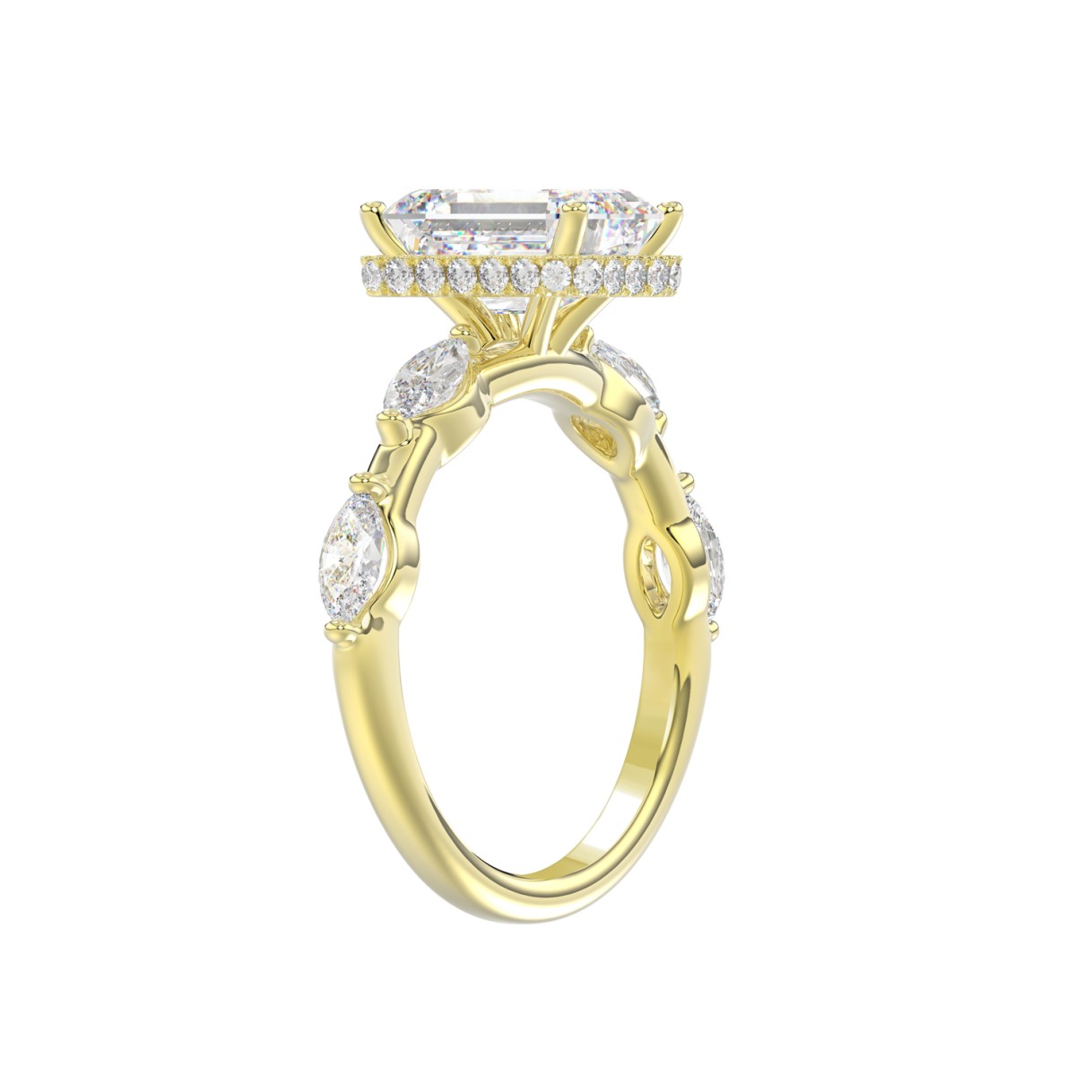 LADIES RING 3 1/2CT ROUND/MARQUISE/EMERALD DIAMOND 14K YELLOW GOLD (CENTER STONE EMERALD DIAMOND 3.00CT)