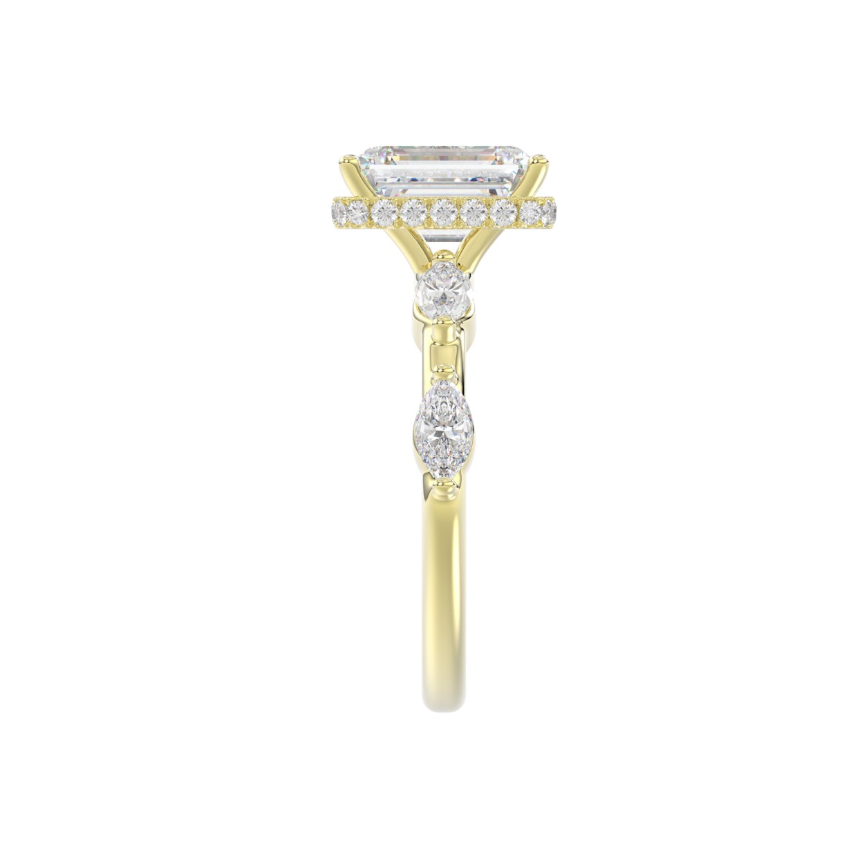 LADIES RING 3 1/2CT ROUND/MARQUISE/EMERALD DIAMOND 14K YELLOW GOLD (CENTER STONE EMERALD DIAMOND 3.00CT)