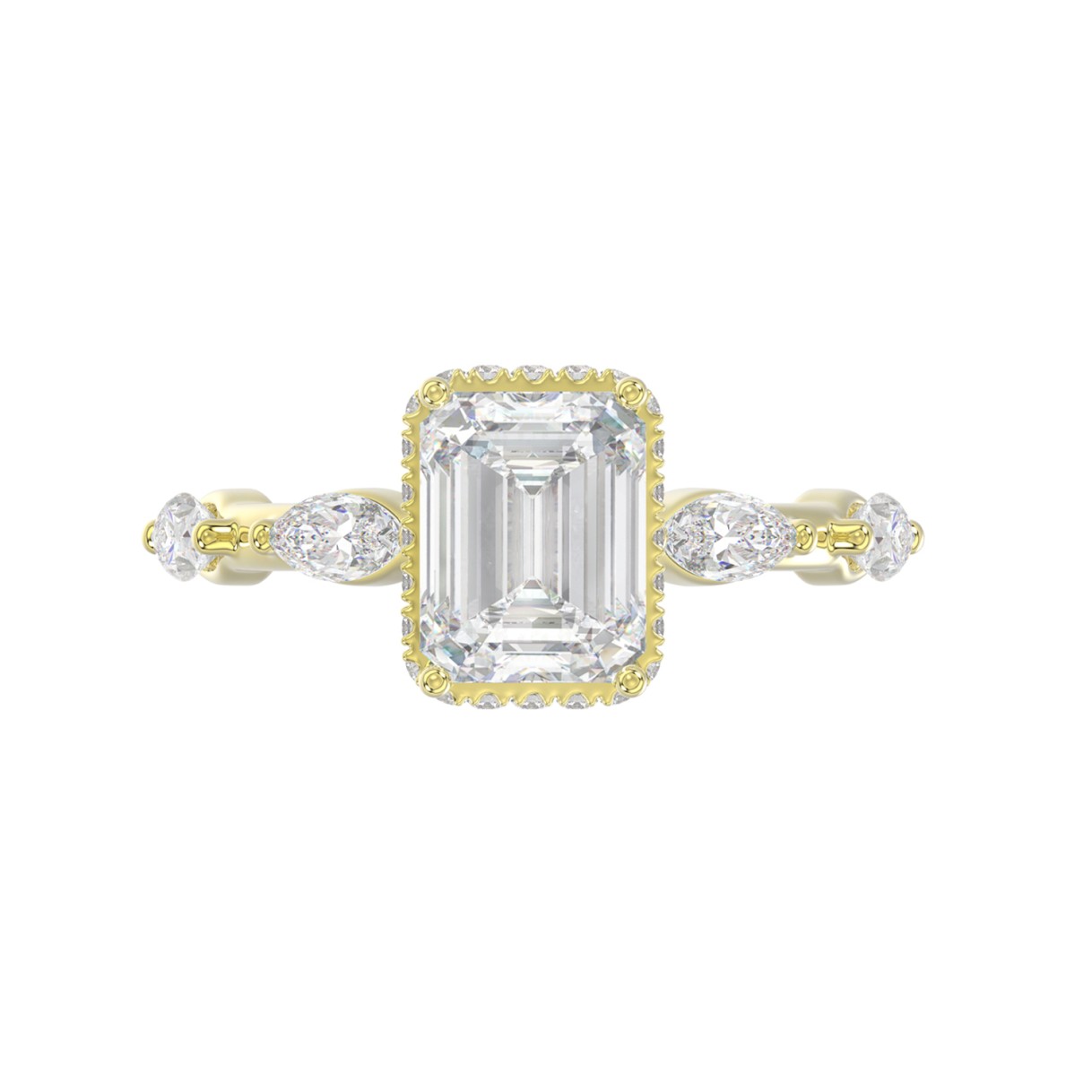 LADIES RING 3 1/2CT ROUND/MARQUISE/EMERALD DIAMOND 14K YELLOW GOLD (CENTER STONE EMERALD DIAMOND 3.00CT)