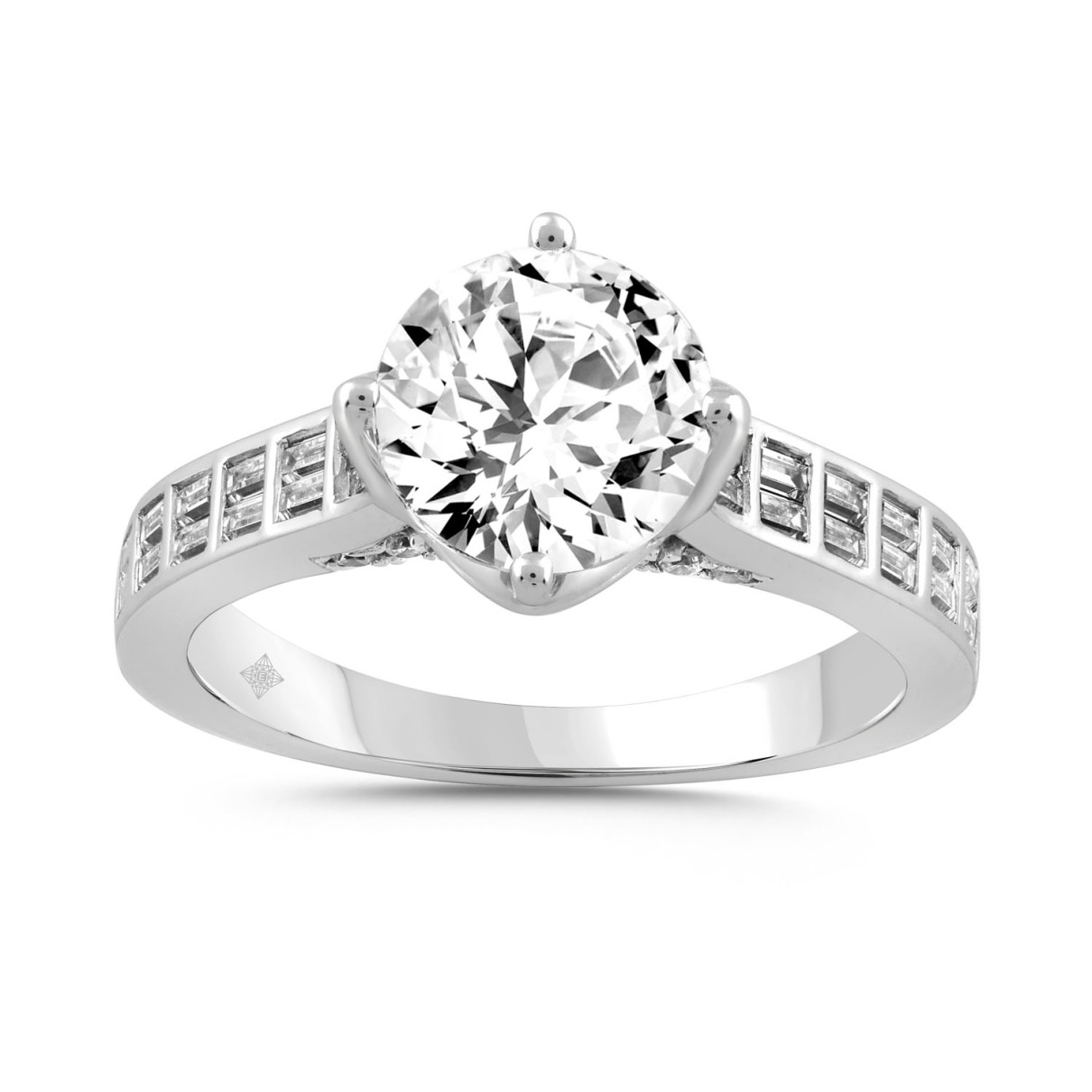 LADIES RING 2 1/2CT ROUND/BAGUETTE DIAMOND 14K WHITE GOLD (CENTER STONE ROUND DIAMOND 2CT )