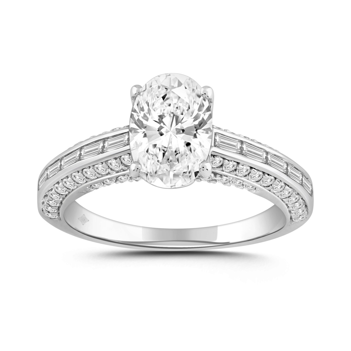 LADIES RING 2.45CT ROUND/BAGUETTE/OVAL DIAMOND 14K WHITE GOLD (CENTER STONE OVAL DIAMOND 2.00CT)