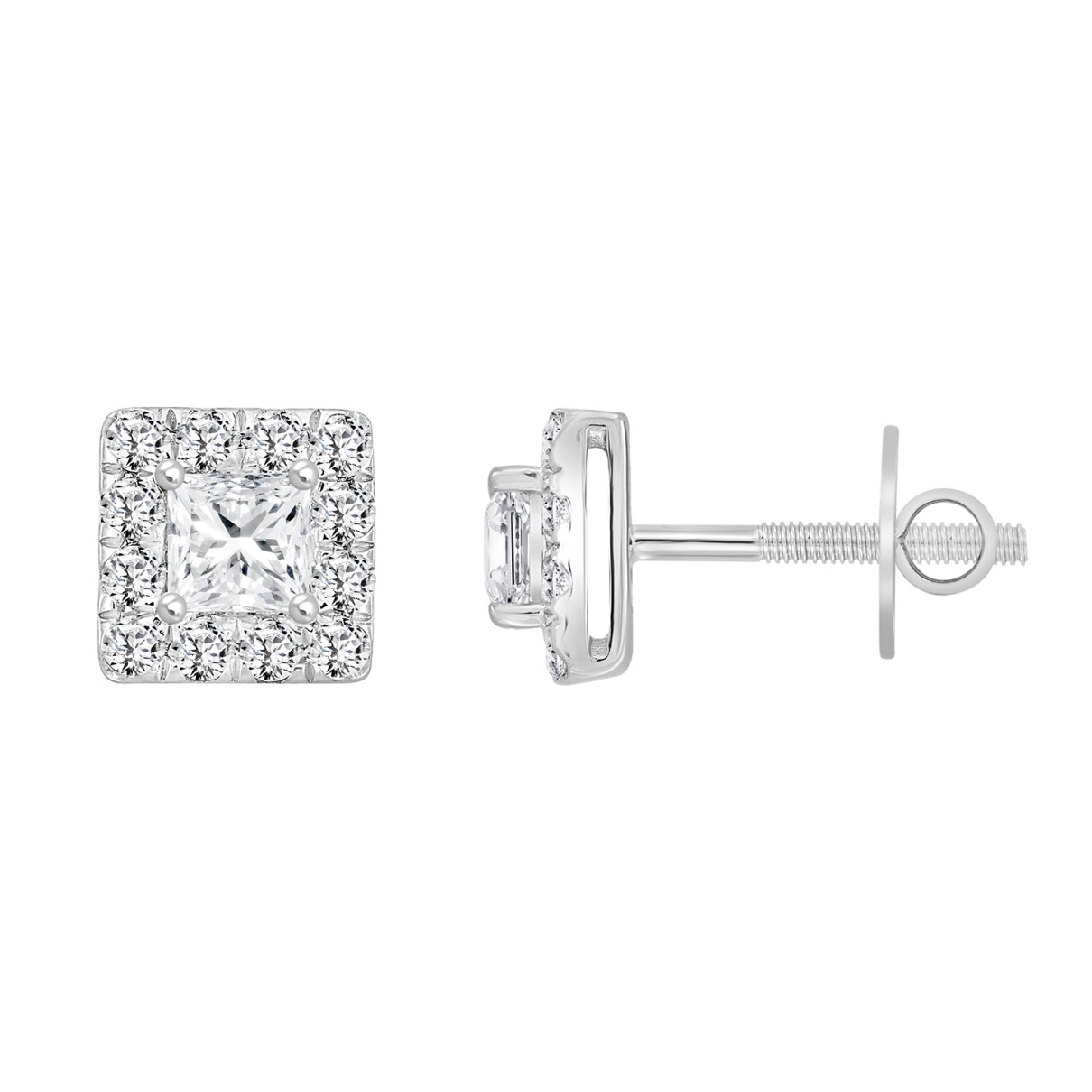 LADIES EARRINGS 1.00CT ROUND/PRINCESS DIAMOND 18K WHITE GOLD 