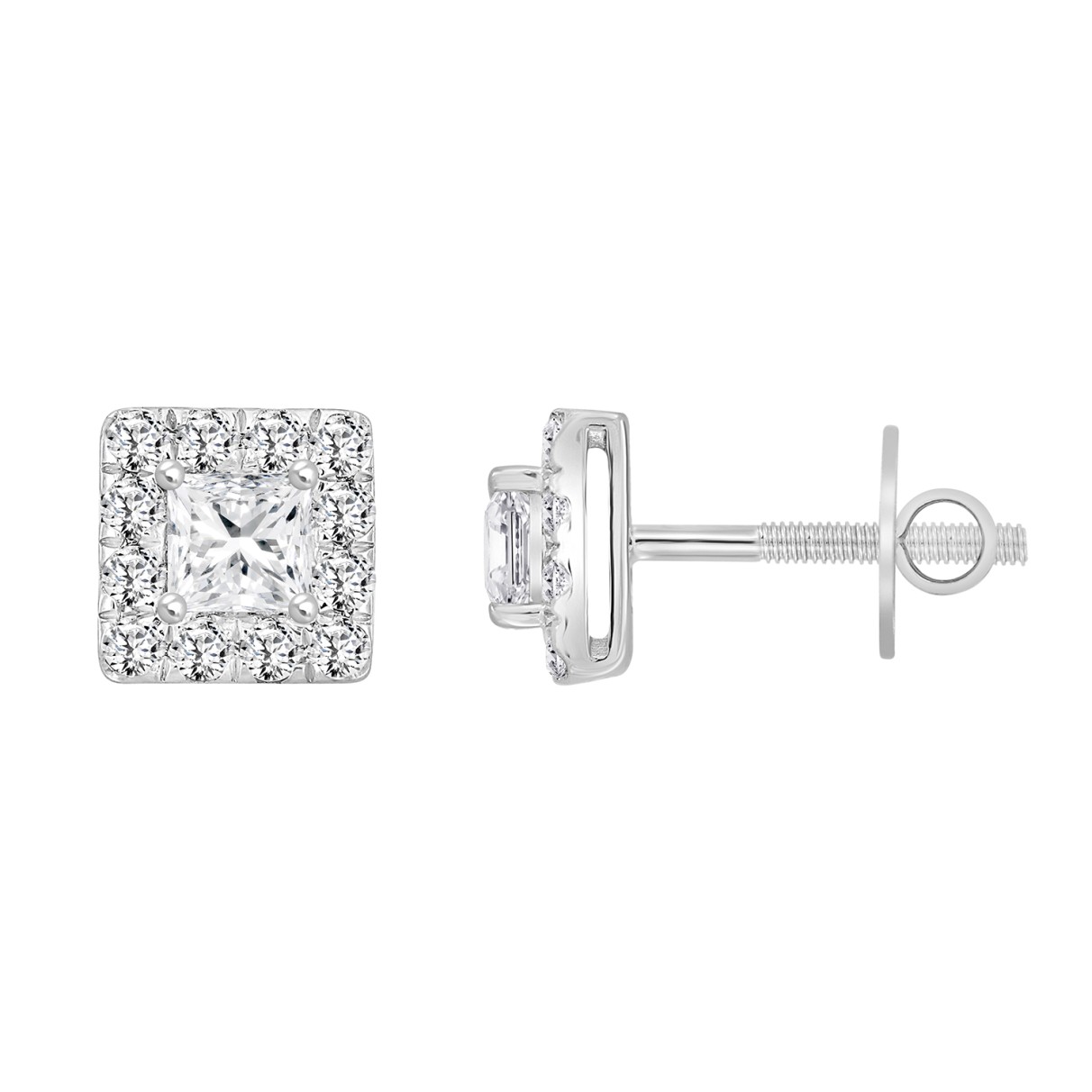 LADIES EARRINGS 1.00CT ROUND/PRINCESS DIAMOND 18K WHITE GOLD 