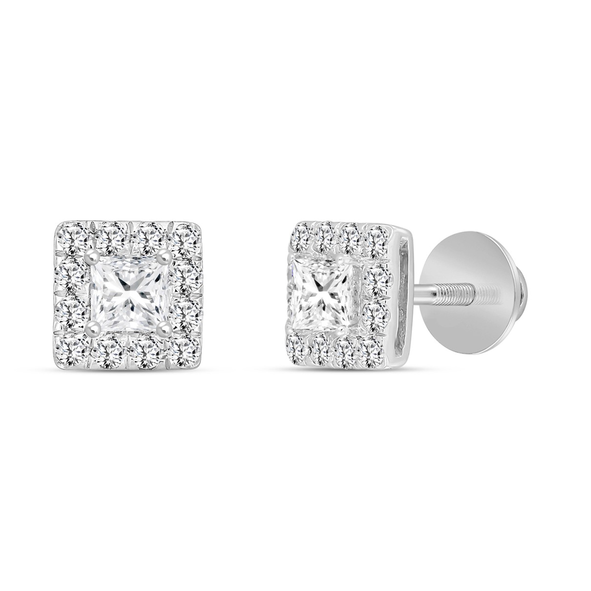 LADIES EARRINGS 1.00CT ROUND/PRINCESS DIAMOND 18K WHITE GOLD 