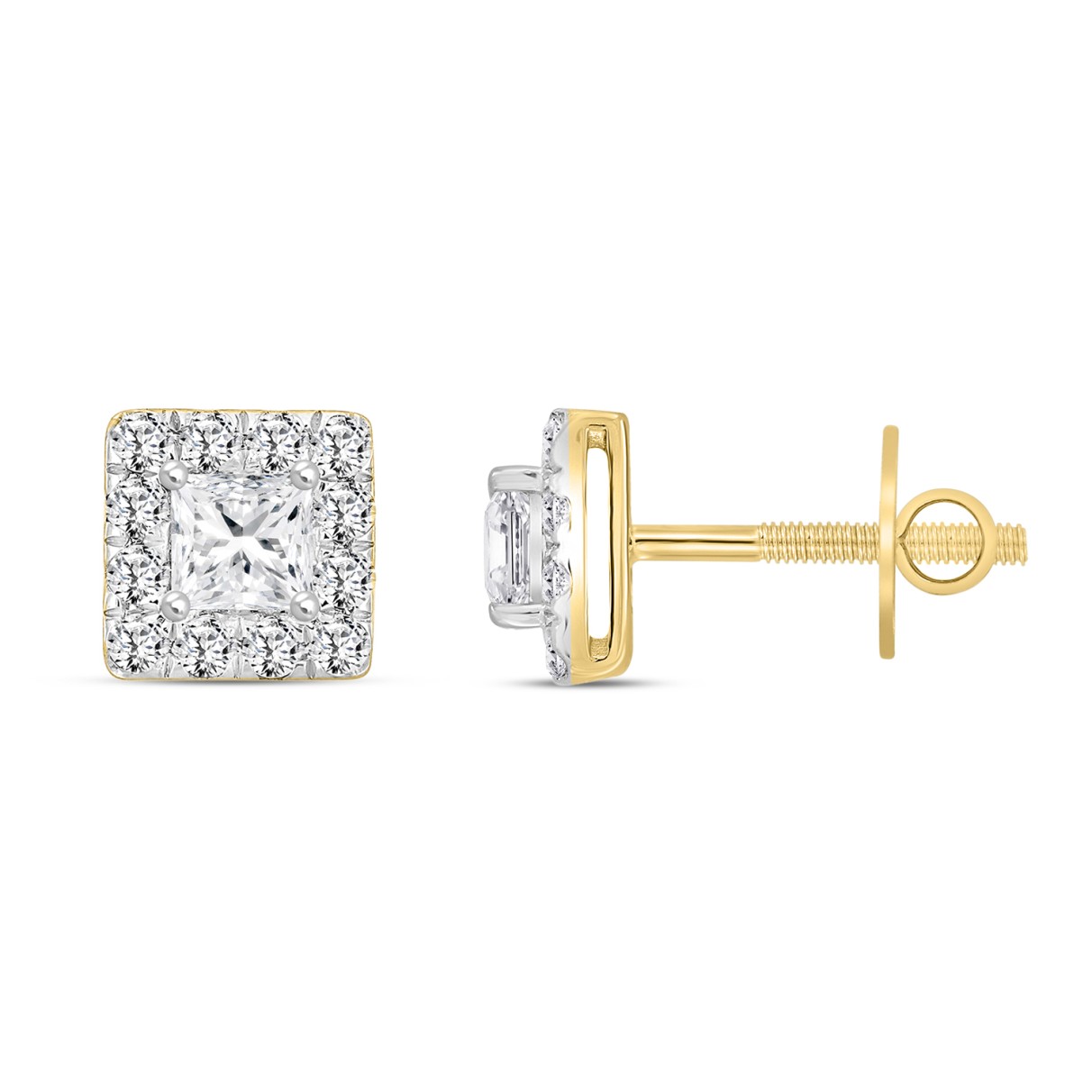 LADIES EARRINGS 1.00CT ROUND/PRINCESS DIAMOND 18K YELLOW GOLD 