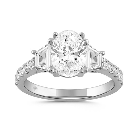 LADIES RING 3.00CT ROUND/OVAL/TRAPEZOID DIAMOND 14K WHITE GOLD (CENTER STONE OVAL DIAMOND 2.00CT)