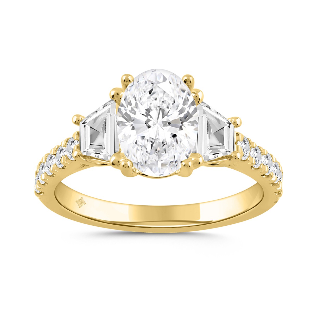 LADIES RING 3.00CT ROUND/OVAL/TRAPEZOID DIAMOND 14K YELLOW GOLD (CENTER STONE OVAL DIAMOND 2.00CT)