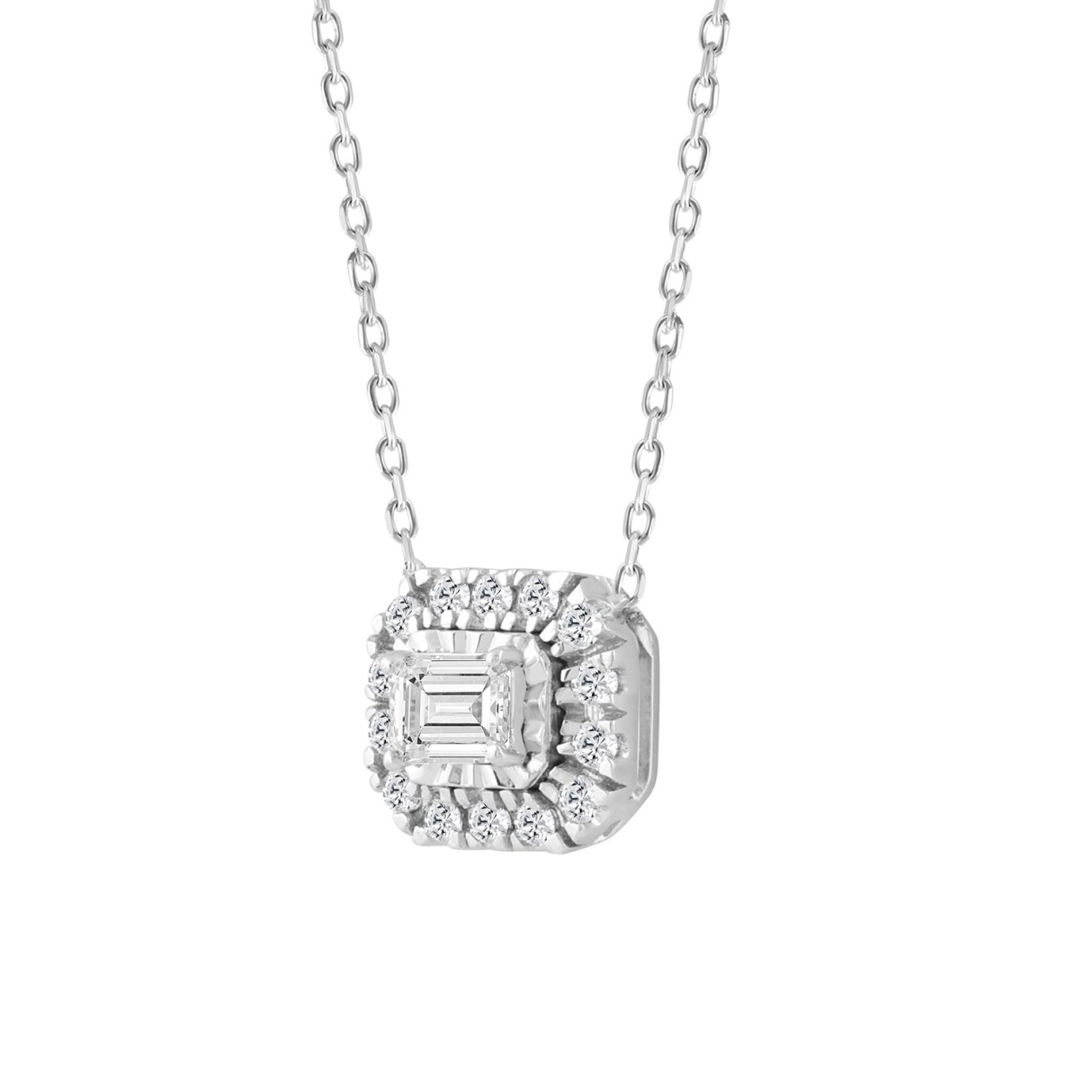 14K WHITE GOLD 1/3CT ROUND/EMERALD DIAMOND LADIES NECKLACE 