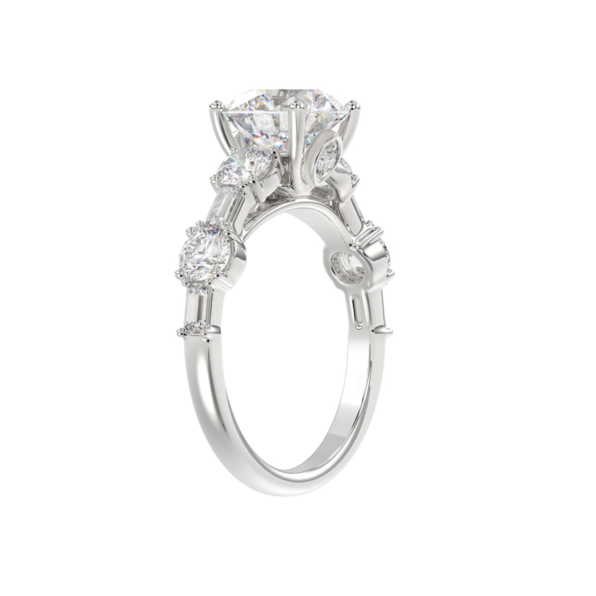 LADIES RING 3CT ROUND/BAGUETTE DIAMOND 14K WHITE GOLD (CENTER STONE ROUND DIAMOND 2.00CT)