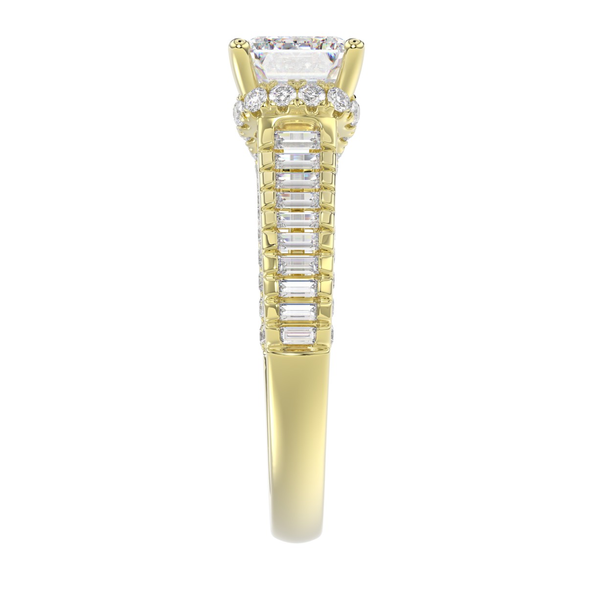 LADIES RING 3CT ROUND/EMERALD/BAGUETTE DIAMOND 14K YELLOW GOLD (CENTER STONE EMERALD DIAMOND 2.00CT)