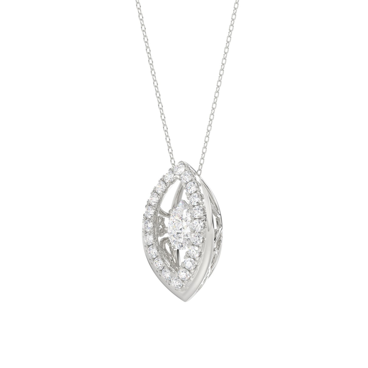 LADIES DANCING DIAMOND PENDANT WITH CHAIN 3/4CT ROUND/PEAR DIAMOND 14K WHITE GOLD (CENTER STONE PEAR DIAMOND 1/2CT)