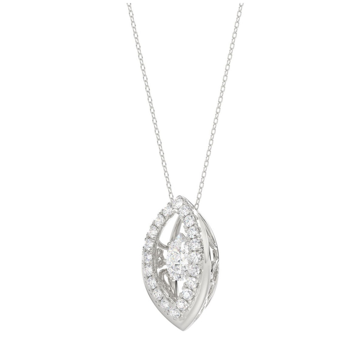 LADIES DANCING DIAMOND PENDANT WITH CHAIN 3/4CT ROUND/PEAR DIAMOND 14K WHITE GOLD (CENTER STONE PEAR DIAMOND 1/2CT)